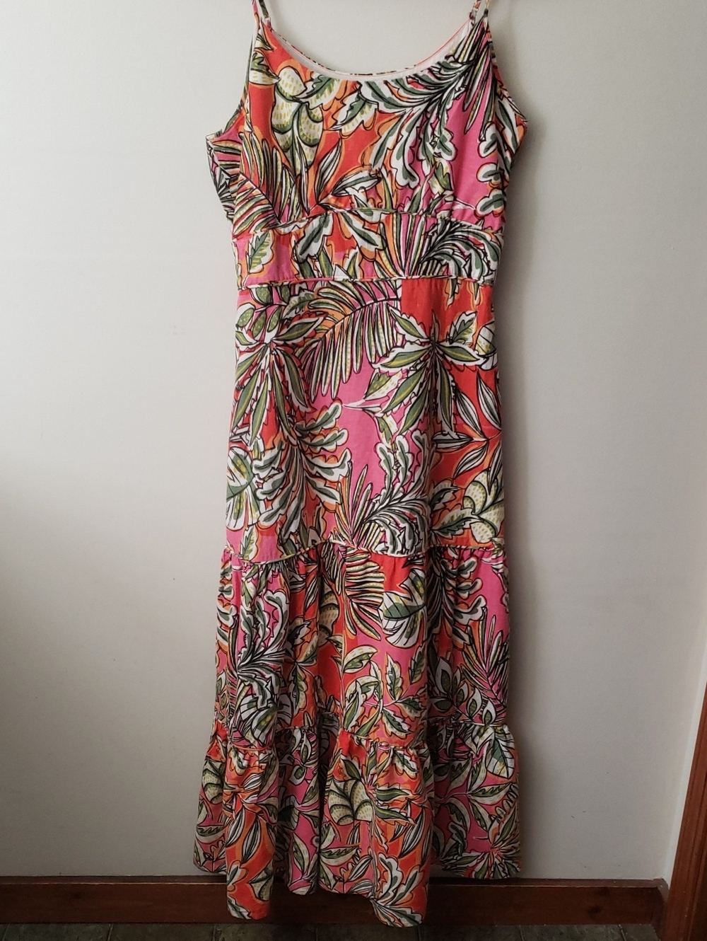 C&C California Pink & Orange Tropical Print Maxi Tiered Linen Blend Dress- L - Picture 2 of 13